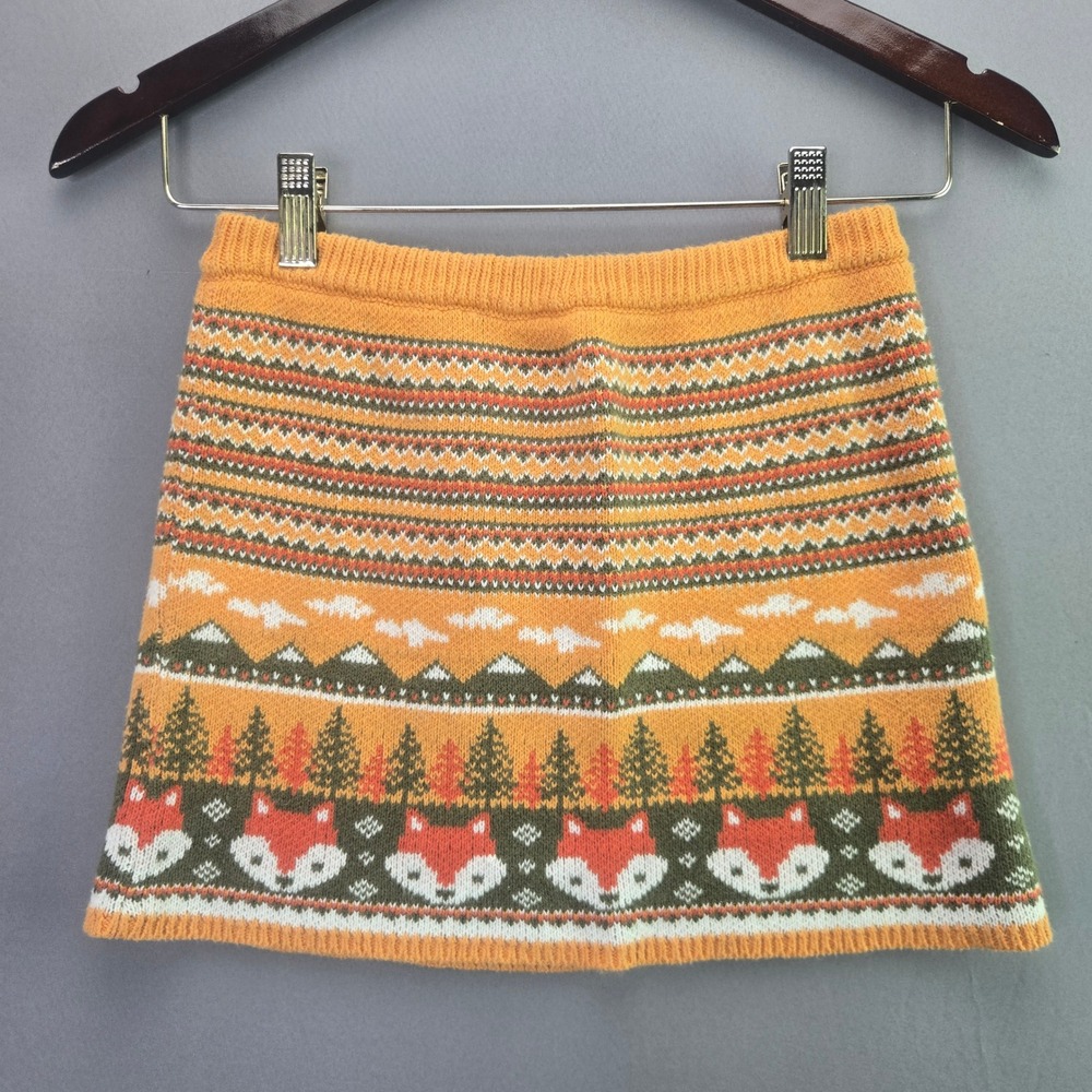 ModCloth Fox Woodland Knit Mini Skirt Small Orange Fair Isle Pine Tree Cotton